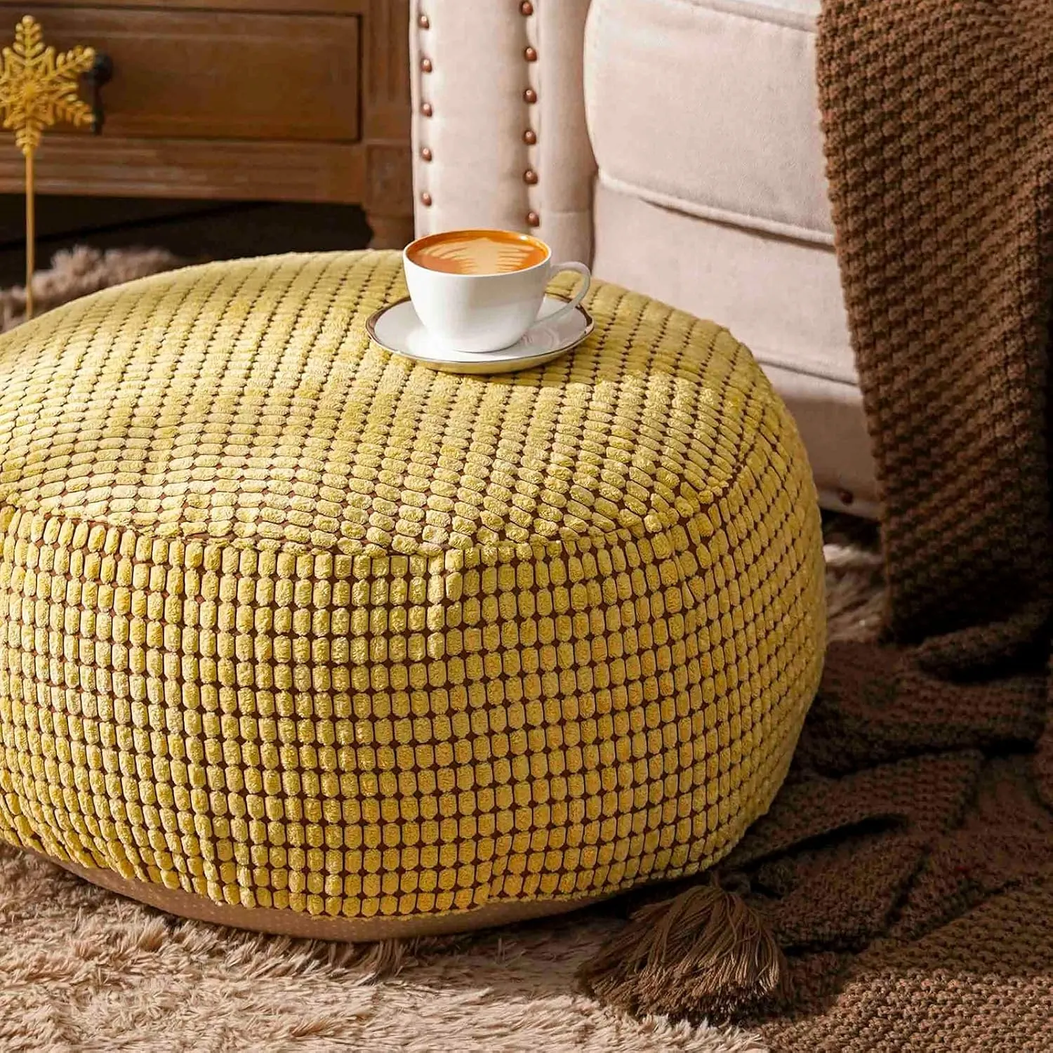 SUTAVIA Pouf Ottoman Cover Unstuffed Pouf Seat Decorative Soft Storage Bean Bag 20x20x8 Inches Square Floor Footrest for Living Room Bedroom (Yellow, Round)
