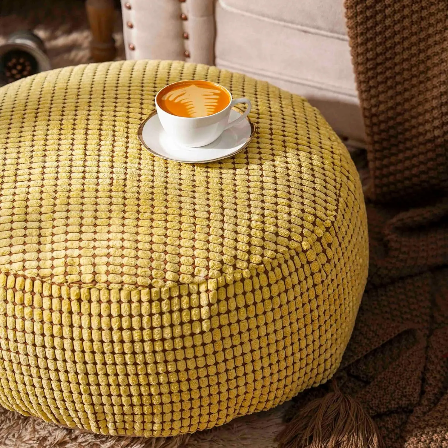 SUTAVIA Pouf Ottoman Cover Unstuffed Pouf Seat Decorative Soft Storage Bean Bag 20x20x8 Inches Square Floor Footrest for Living Room Bedroom (Yellow, Round)