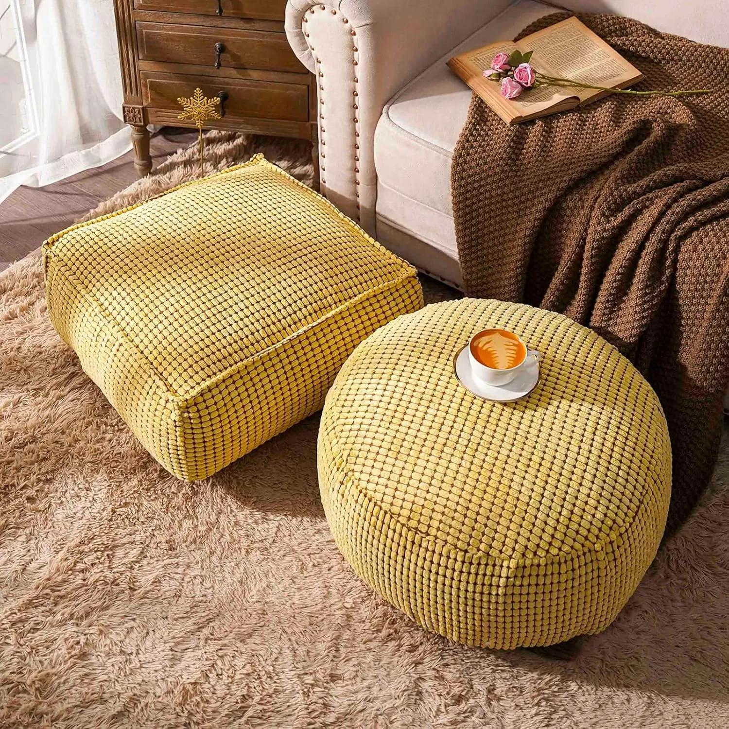 SUTAVIA Pouf Ottoman Cover Unstuffed Pouf Seat Decorative Soft Storage Bean Bag 20x20x8 Inches Square Floor Footrest for Living Room Bedroom (Yellow, Round)