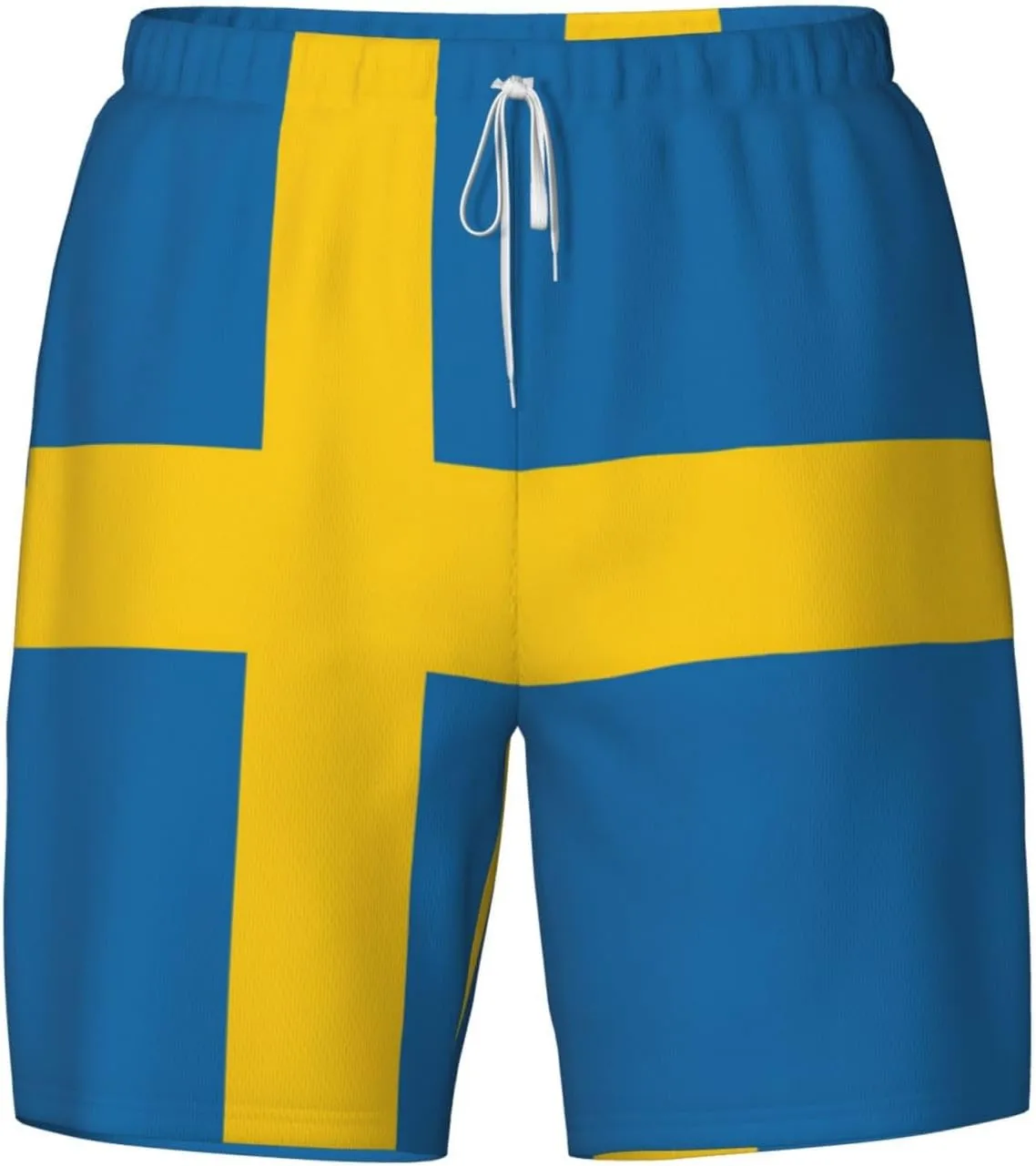 Swedish Flag Print Men's Double Layer Swim Shorts, Gym Workout Shorts with Pocket