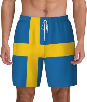 Swedish Flag Print Men's Double Layer Swim Shorts, Gym Workout Shorts with Pocket