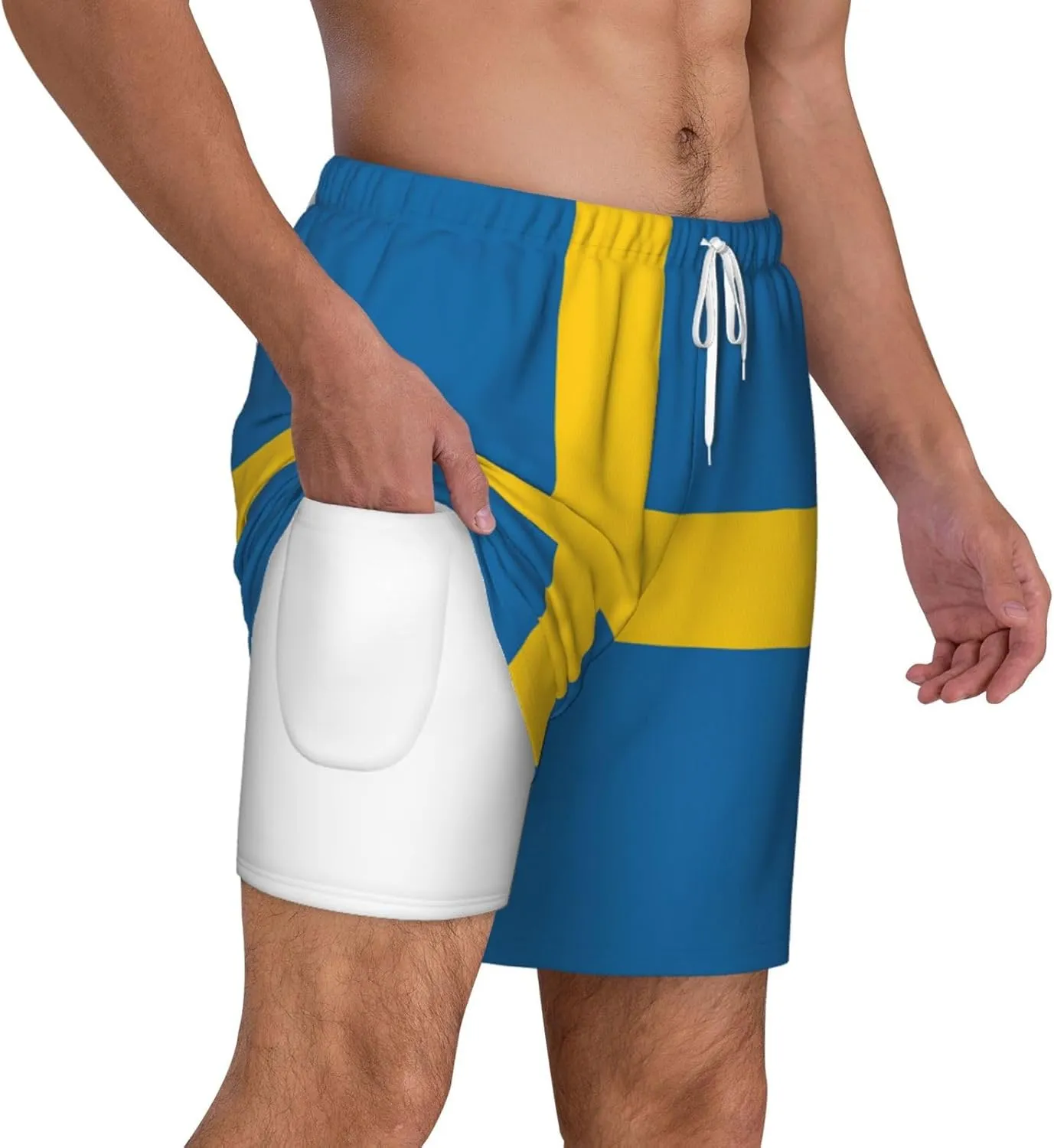 Swedish Flag Print Men's Double Layer Swim Shorts, Gym Workout Shorts with Pocket