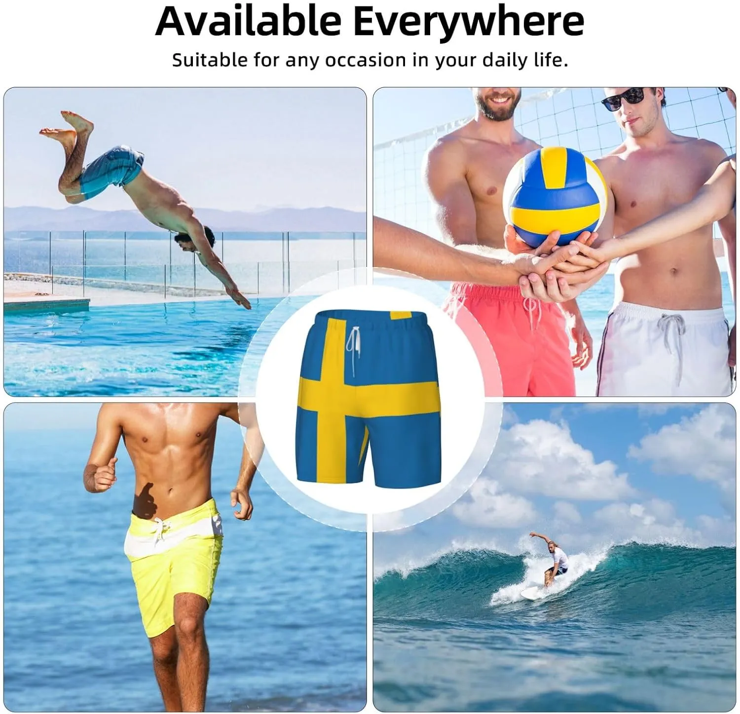 Swedish Flag Print Men's Double Layer Swim Shorts, Gym Workout Shorts with Pocket
