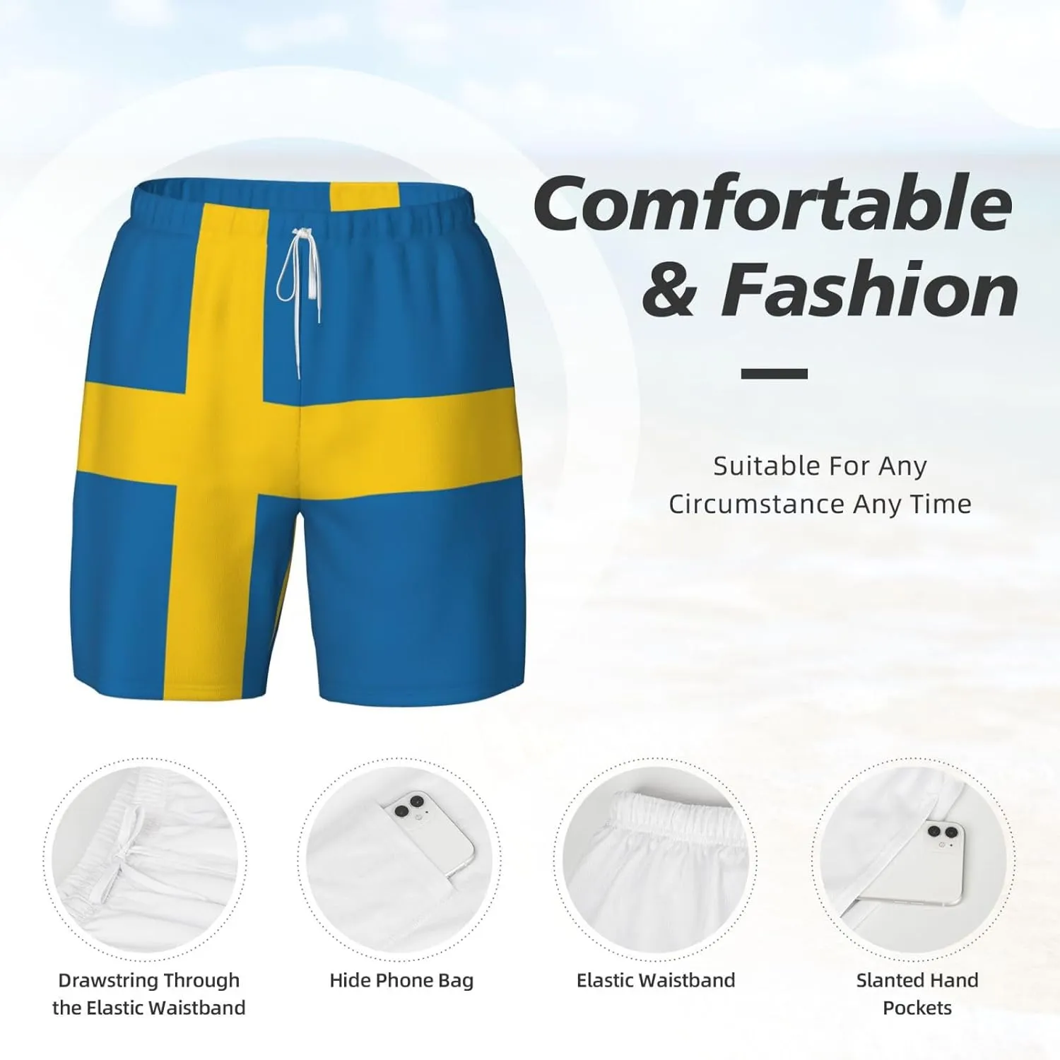 Swedish Flag Print Men's Double Layer Swim Shorts, Gym Workout Shorts with Pocket