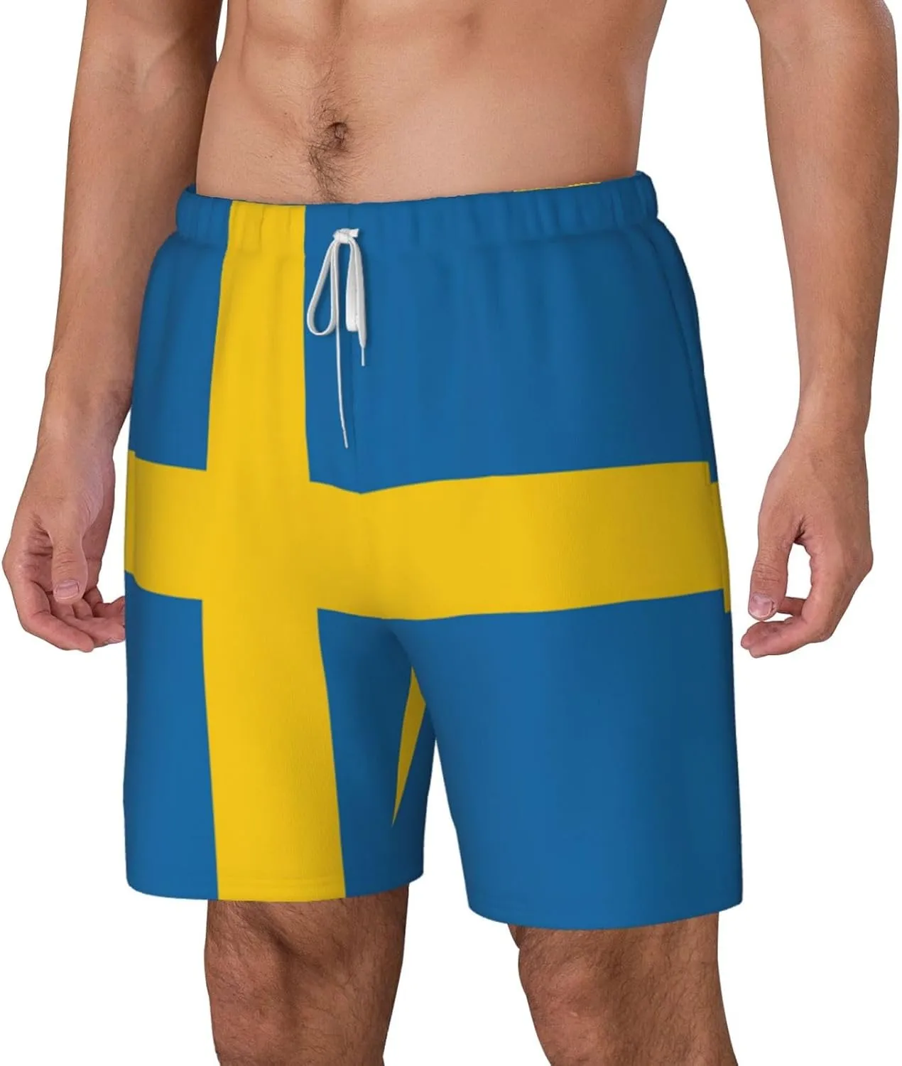 Swedish Flag Print Men's Double Layer Swim Shorts, Gym Workout Shorts with Pocket