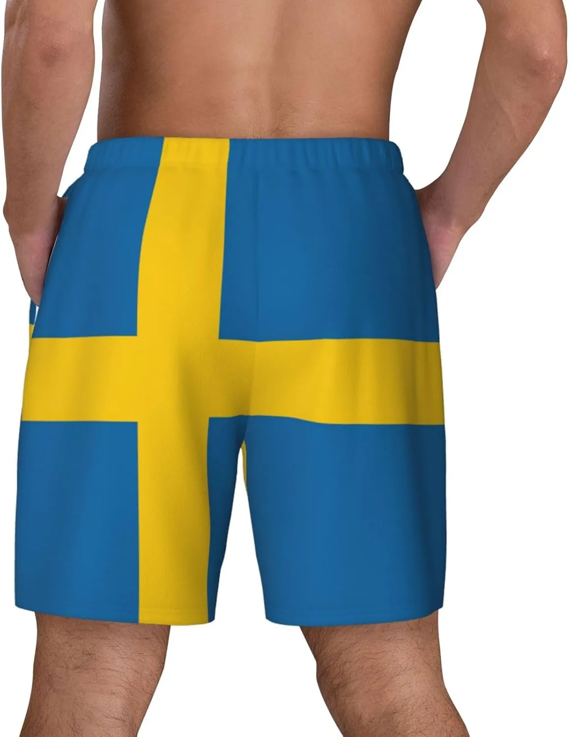 Swedish Flag Print Men's Double Layer Swim Shorts, Gym Workout Shorts with Pocket