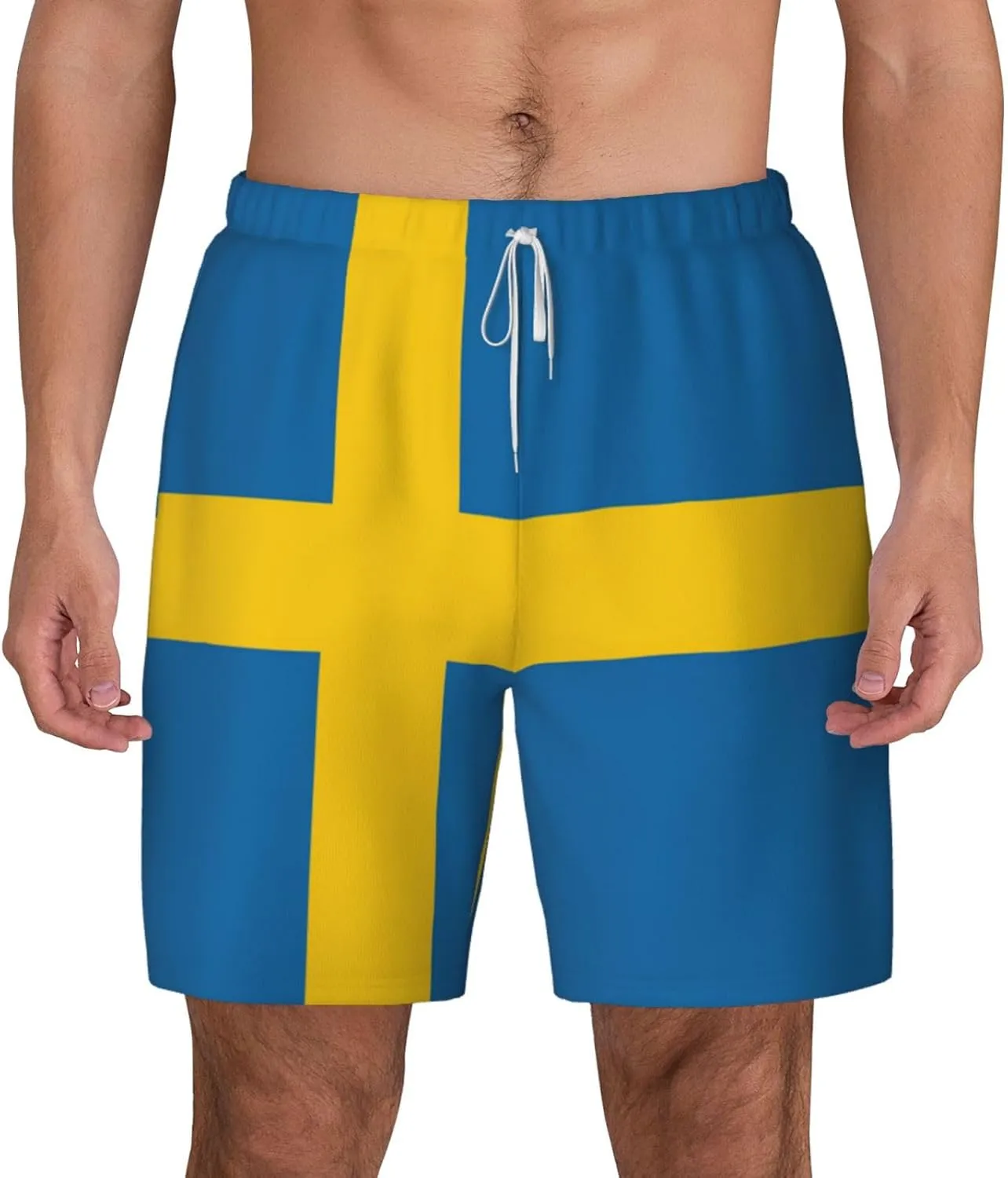 Swedish Flag Print Men's Double Layer Swim Shorts, Gym Workout Shorts with Pocket