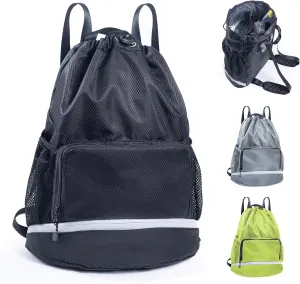 Swim Beach Sports Drawstring Backpack - Gym Bag with Shoes Compartment and Waterproof Pocket for Gym Accessories, Swim Essentials - Kids Mens Beach Workout Bag