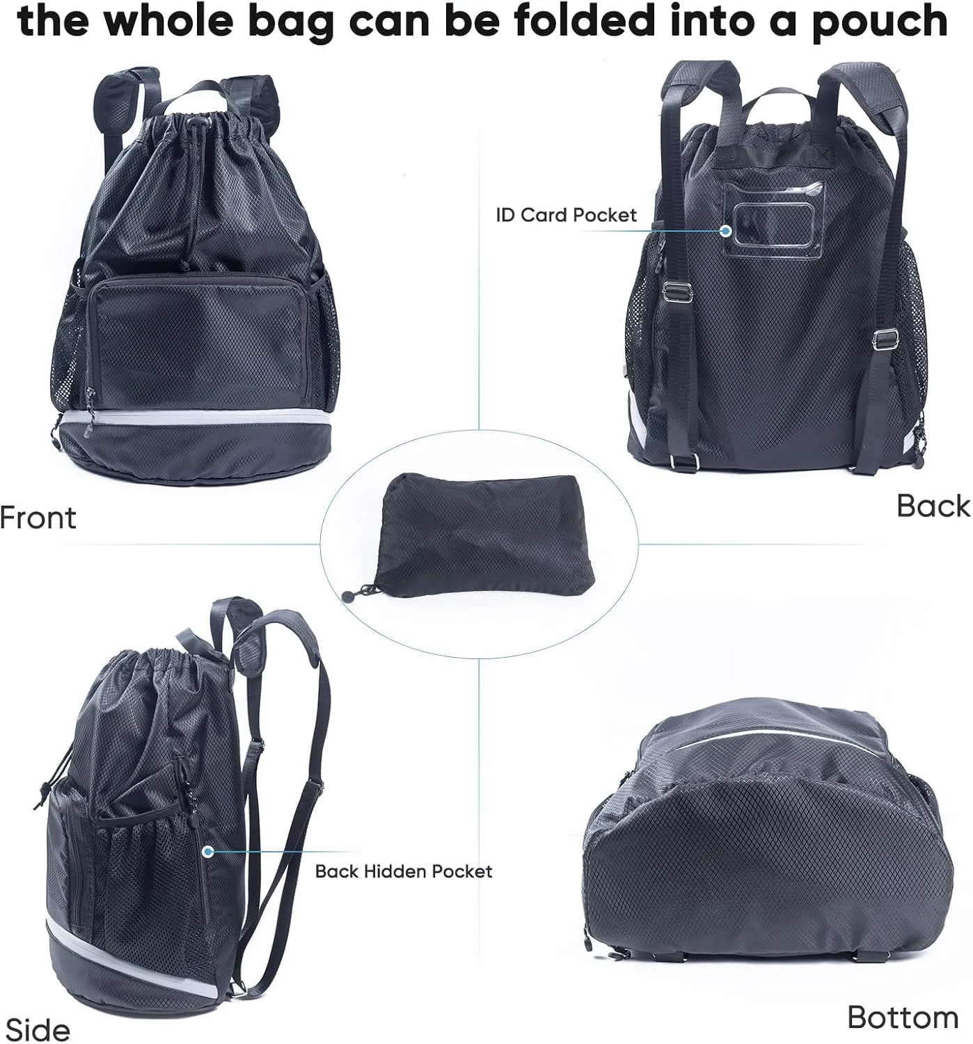 Swim Beach Sports Drawstring Backpack - Gym Bag with Shoes Compartment and Waterproof Pocket for Gym Accessories, Swim Essentials - Kids Mens Beach Workout Bag