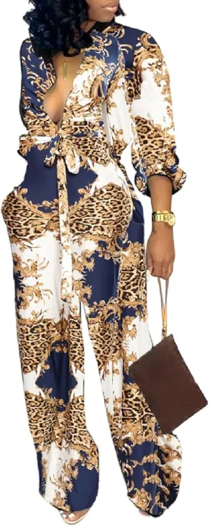 SxClub Jumpsuits for Women Formal Sexy Elegant Long Straight Pants Busineess Party Jumpsuit with Belt Pockets
