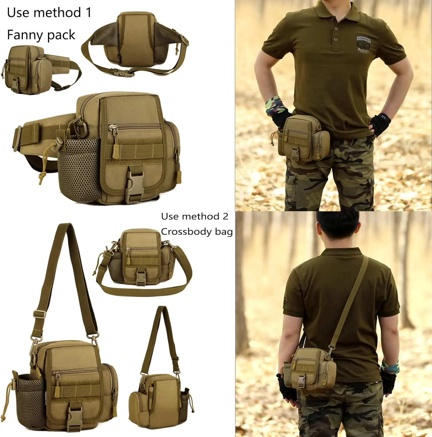Tactical Waist Bag Fanny Pack Utility Belt with Water Bottle Holder Waterproof 1000D Nylon Bag for Hiking Mountaineering Camping Riding Fishing(Wolf Brown)