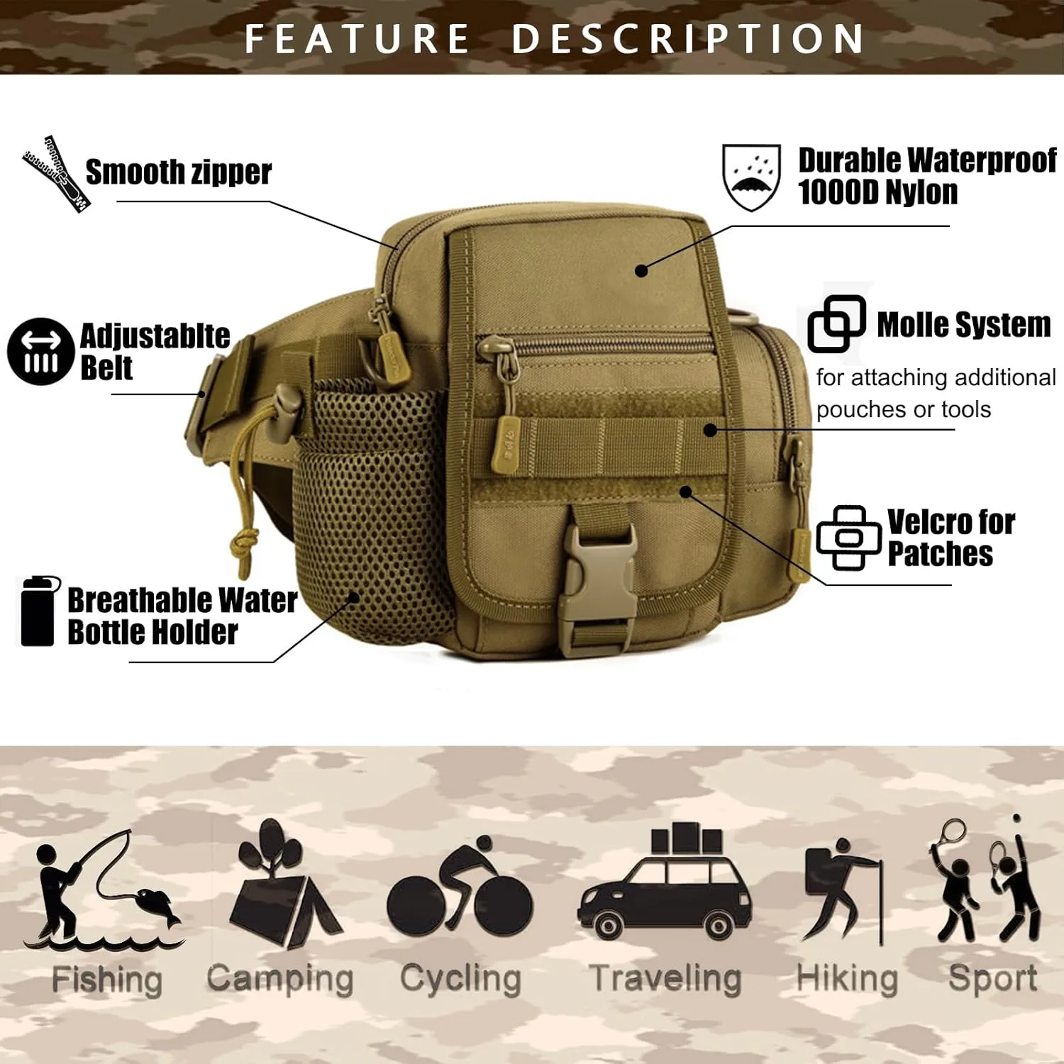 Tactical Waist Bag Fanny Pack Utility Belt with Water Bottle Holder Waterproof 1000D Nylon Bag for Hiking Mountaineering Camping Riding Fishing(Wolf Brown)
