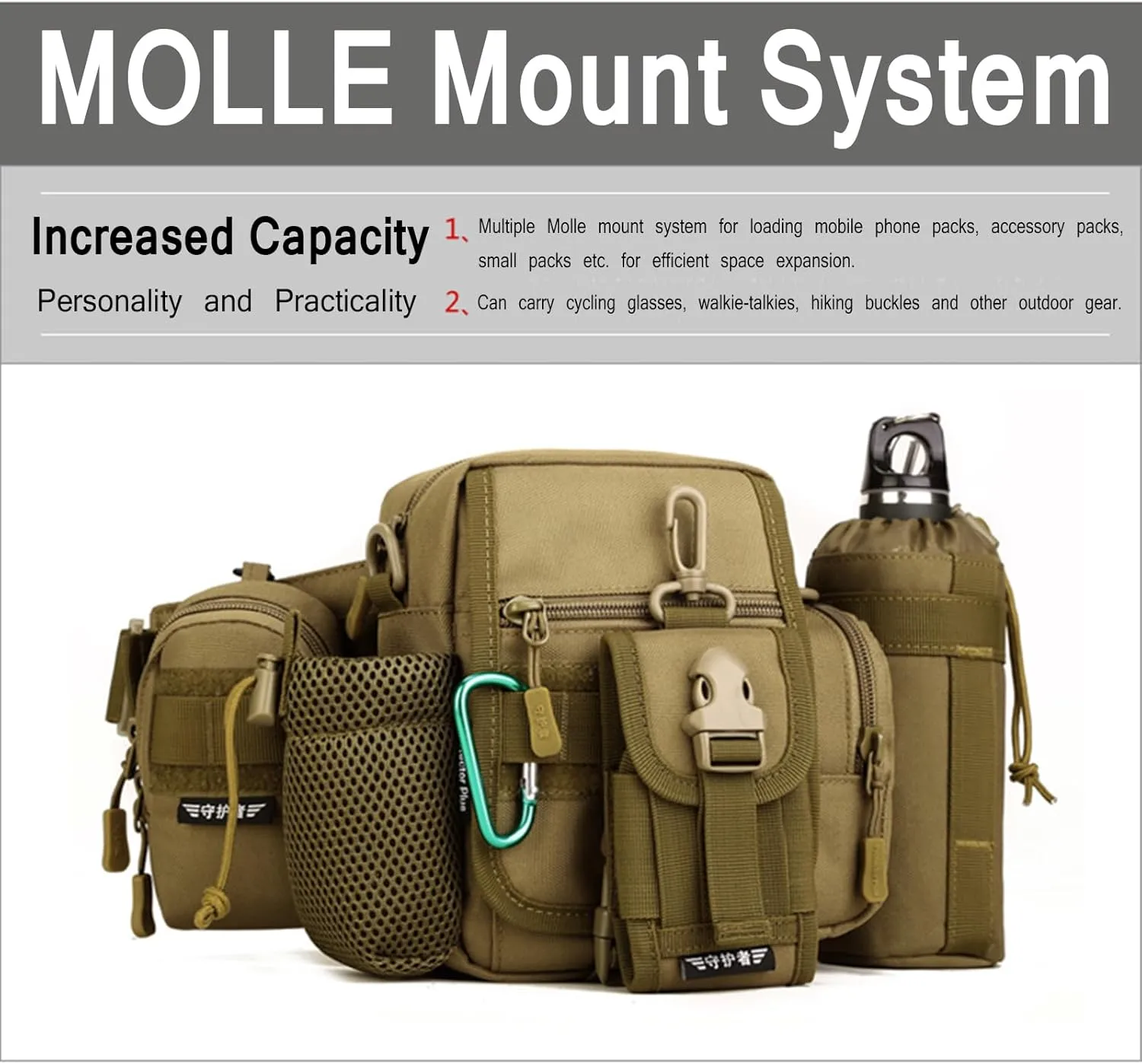 Tactical Waist Bag Fanny Pack Utility Belt with Water Bottle Holder Waterproof 1000D Nylon Bag for Hiking Mountaineering Camping Riding Fishing(Wolf Brown)