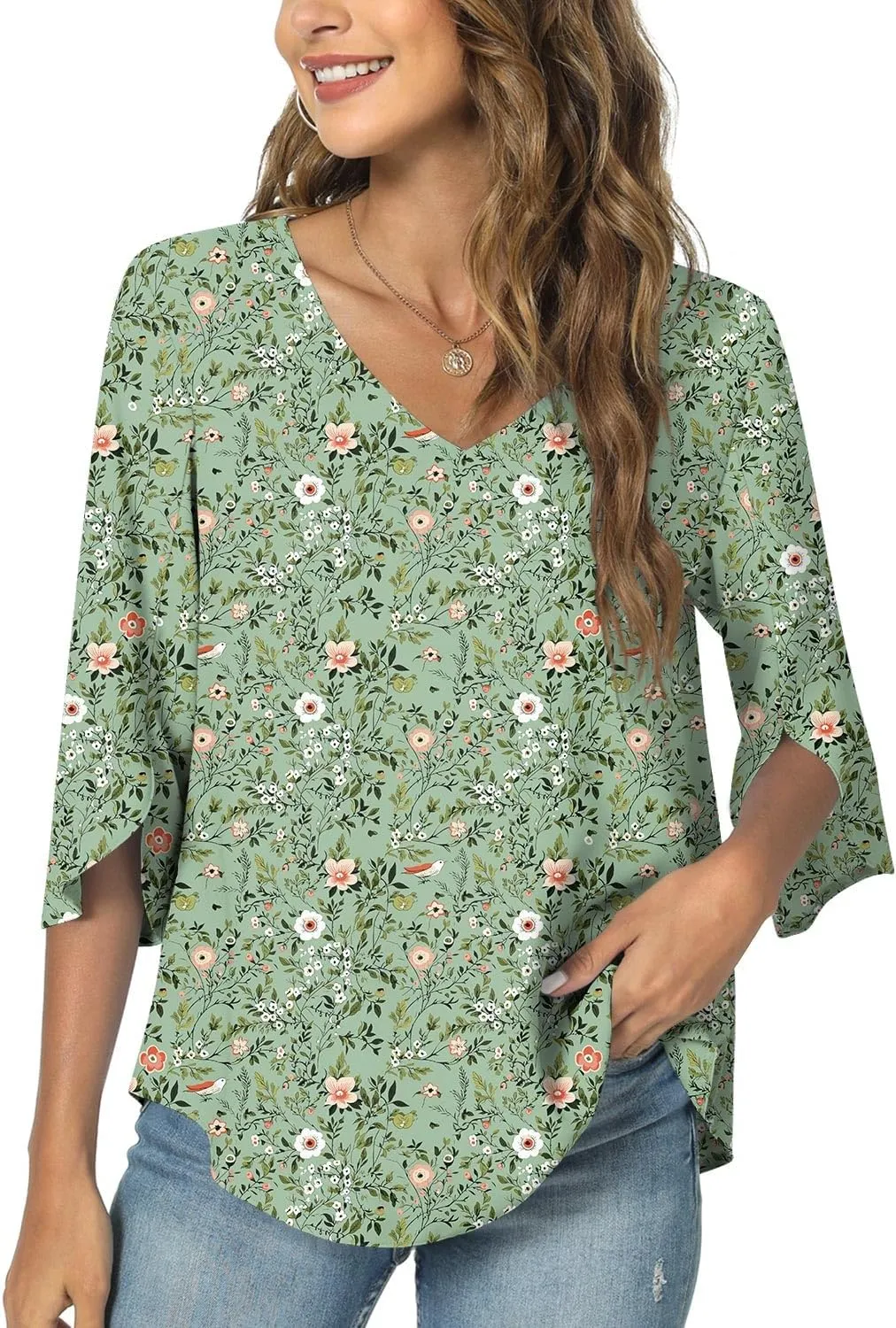 TAOHUADAO Womens 2025 Summer 3/4 Sleeve Tunic Tops Chiffon Work Blouse V-Neck Dressy Casual Shirt