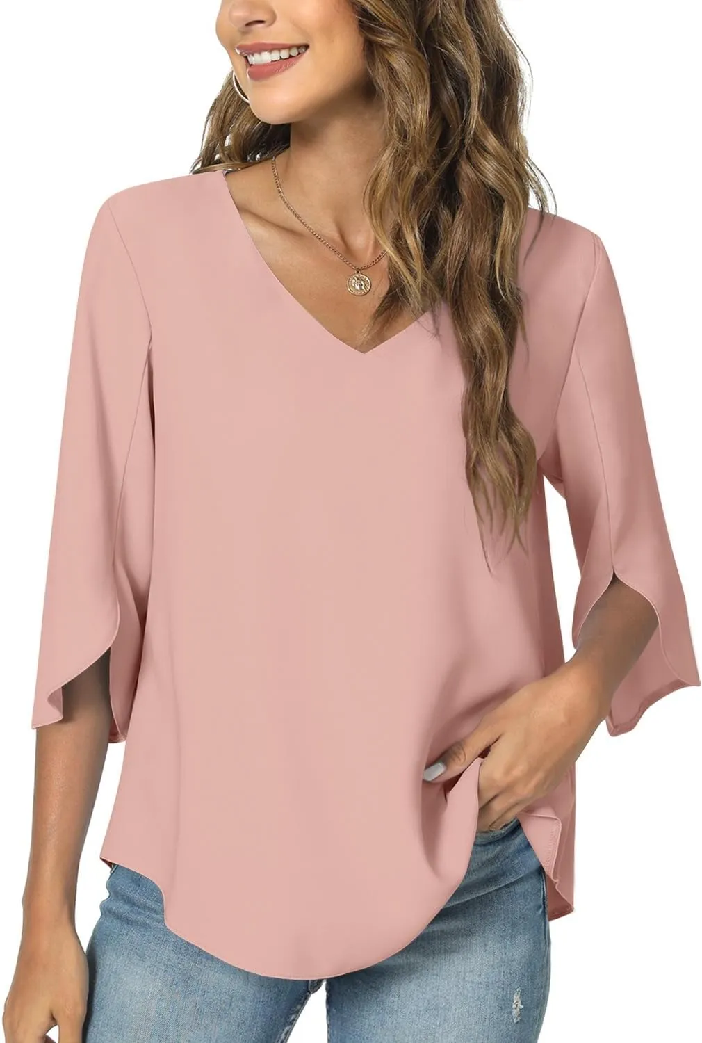 TAOHUADAO Womens 2025 Summer 3/4 Sleeve Tunic Tops Chiffon Work Blouse V-Neck Dressy Casual Shirt