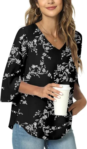TAOHUADAO Womens 2025 Summer 3/4 Sleeve Tunic Tops Chiffon Work Blouse V-Neck Dressy Casual Shirt
