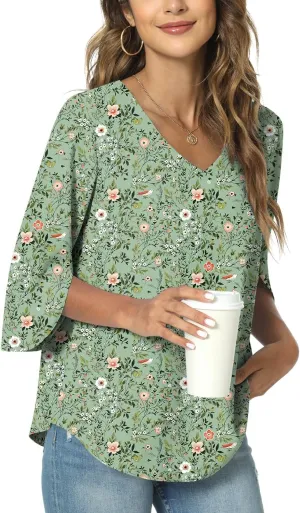 TAOHUADAO Womens 2025 Summer 3/4 Sleeve Tunic Tops Chiffon Work Blouse V-Neck Dressy Casual Shirt