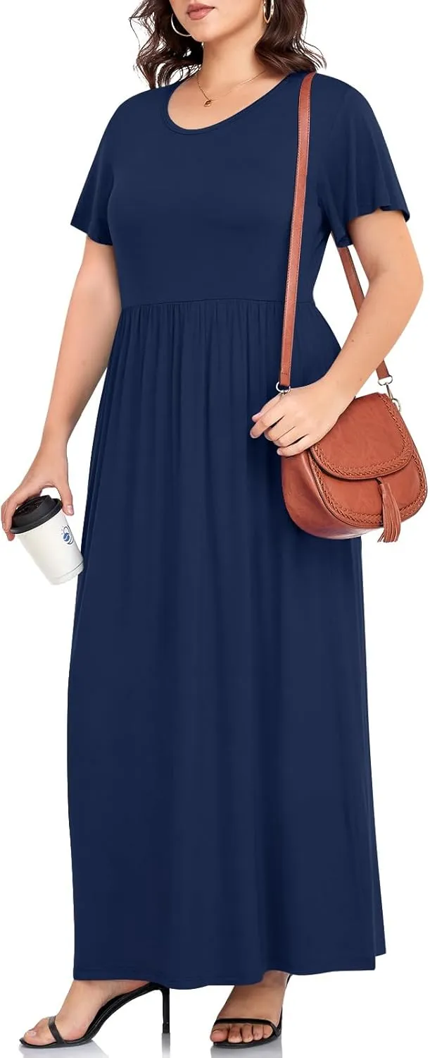TAOHUADAO Women's Summer Plus Size Dresses Crewneck Ruffle Short Sleeve Casual Maxi Dress with Pockets