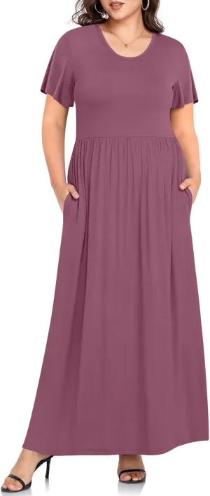 TAOHUADAO Women's Summer Plus Size Dresses Crewneck Ruffle Short Sleeve Casual Maxi Dress with Pockets