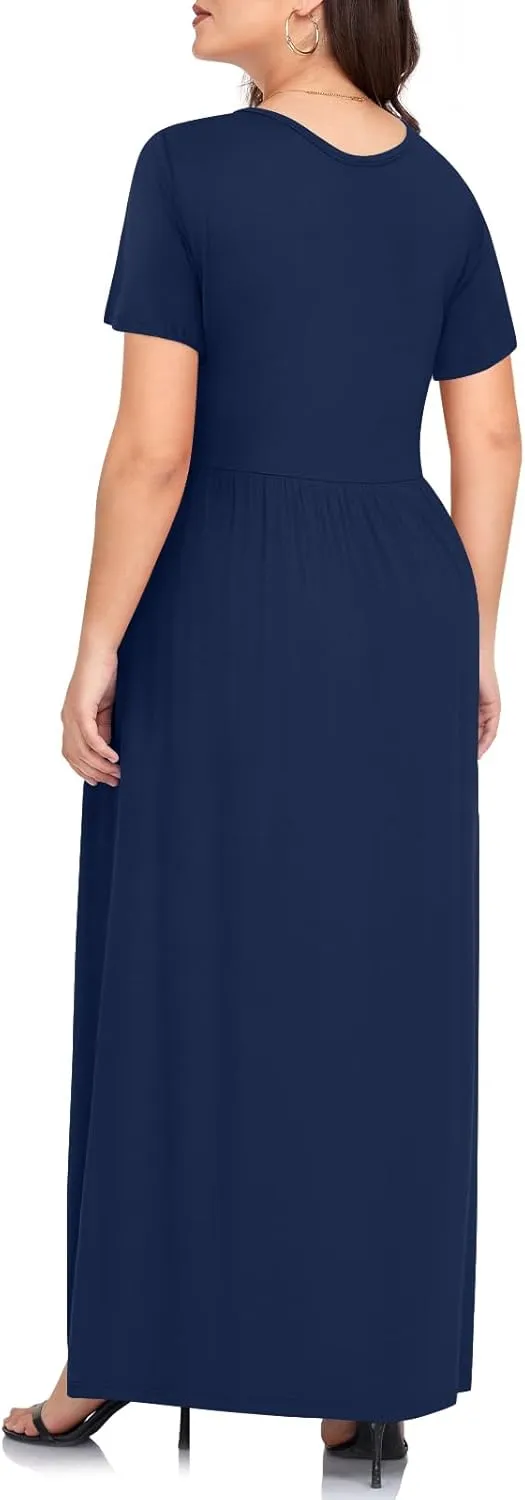 TAOHUADAO Women's Summer Plus Size Dresses Crewneck Ruffle Short Sleeve Casual Maxi Dress with Pockets