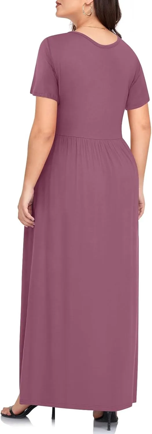 TAOHUADAO Women's Summer Plus Size Dresses Crewneck Ruffle Short Sleeve Casual Maxi Dress with Pockets
