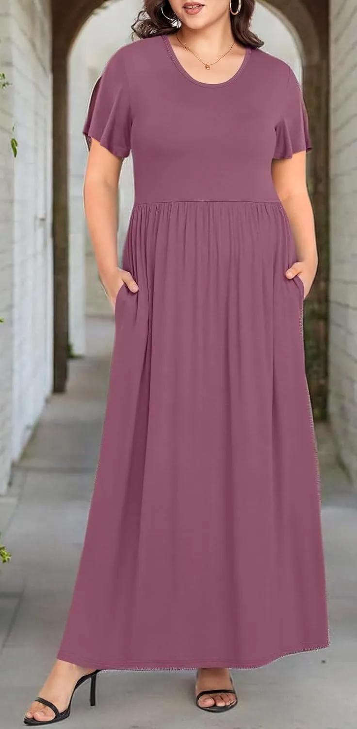 TAOHUADAO Women's Summer Plus Size Dresses Crewneck Ruffle Short Sleeve Casual Maxi Dress with Pockets