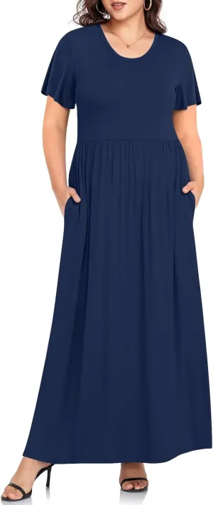 TAOHUADAO Women's Summer Plus Size Dresses Crewneck Ruffle Short Sleeve Casual Maxi Dress with Pockets