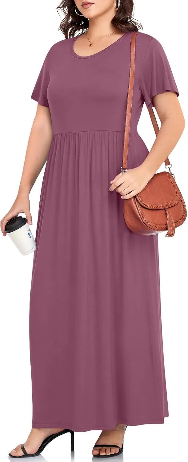TAOHUADAO Women's Summer Plus Size Dresses Crewneck Ruffle Short Sleeve Casual Maxi Dress with Pockets