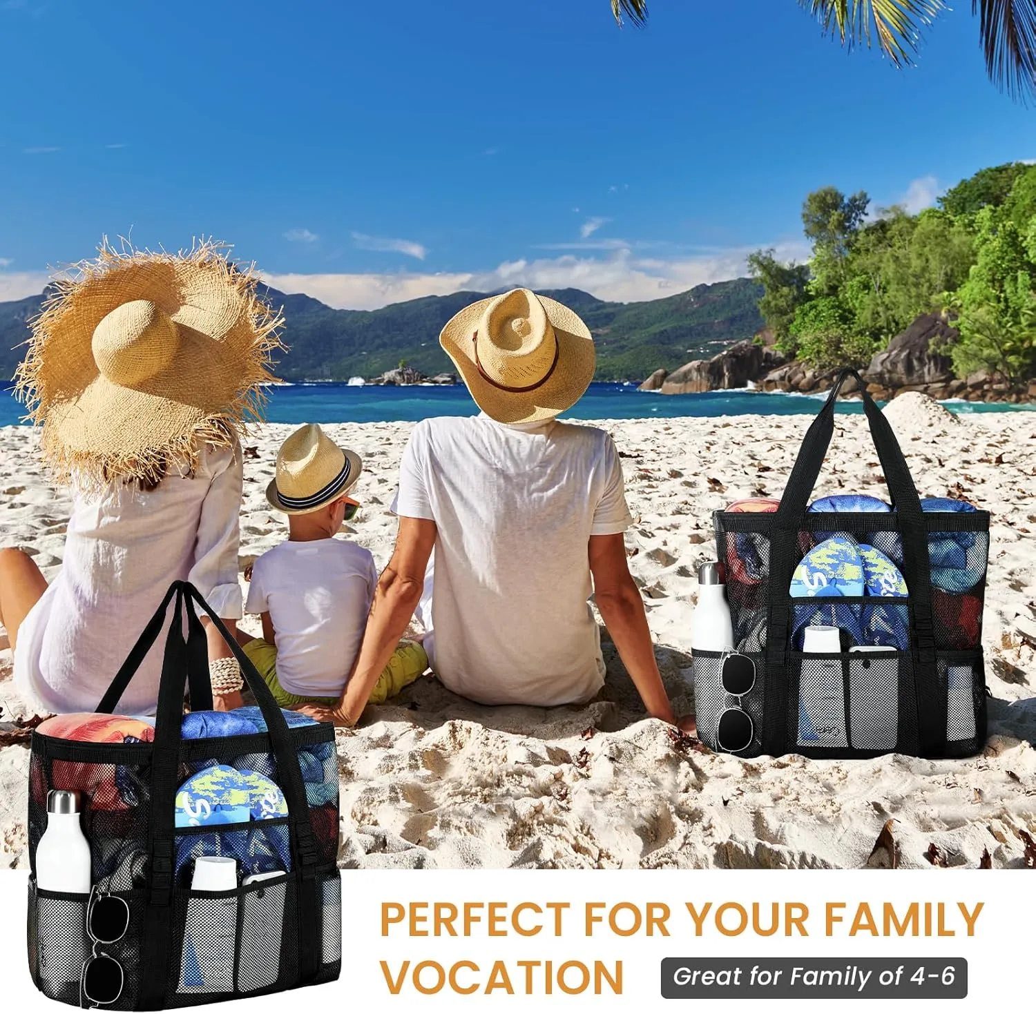 Tavaleu Mesh Beach Bag - Large Beach Tote with Multi Functional Pockets for Family Travel/Vacation