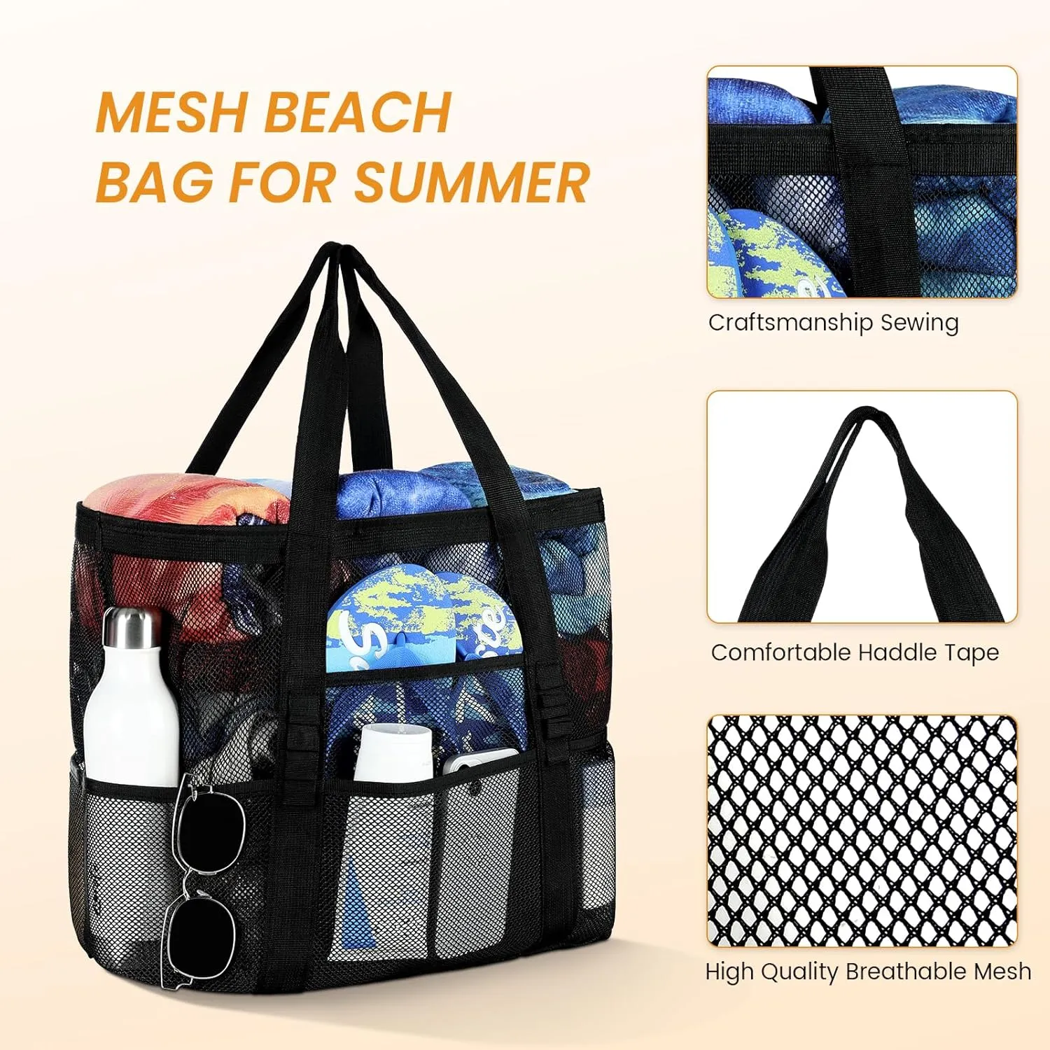 Tavaleu Mesh Beach Bag - Large Beach Tote with Multi Functional Pockets for Family Travel/Vacation