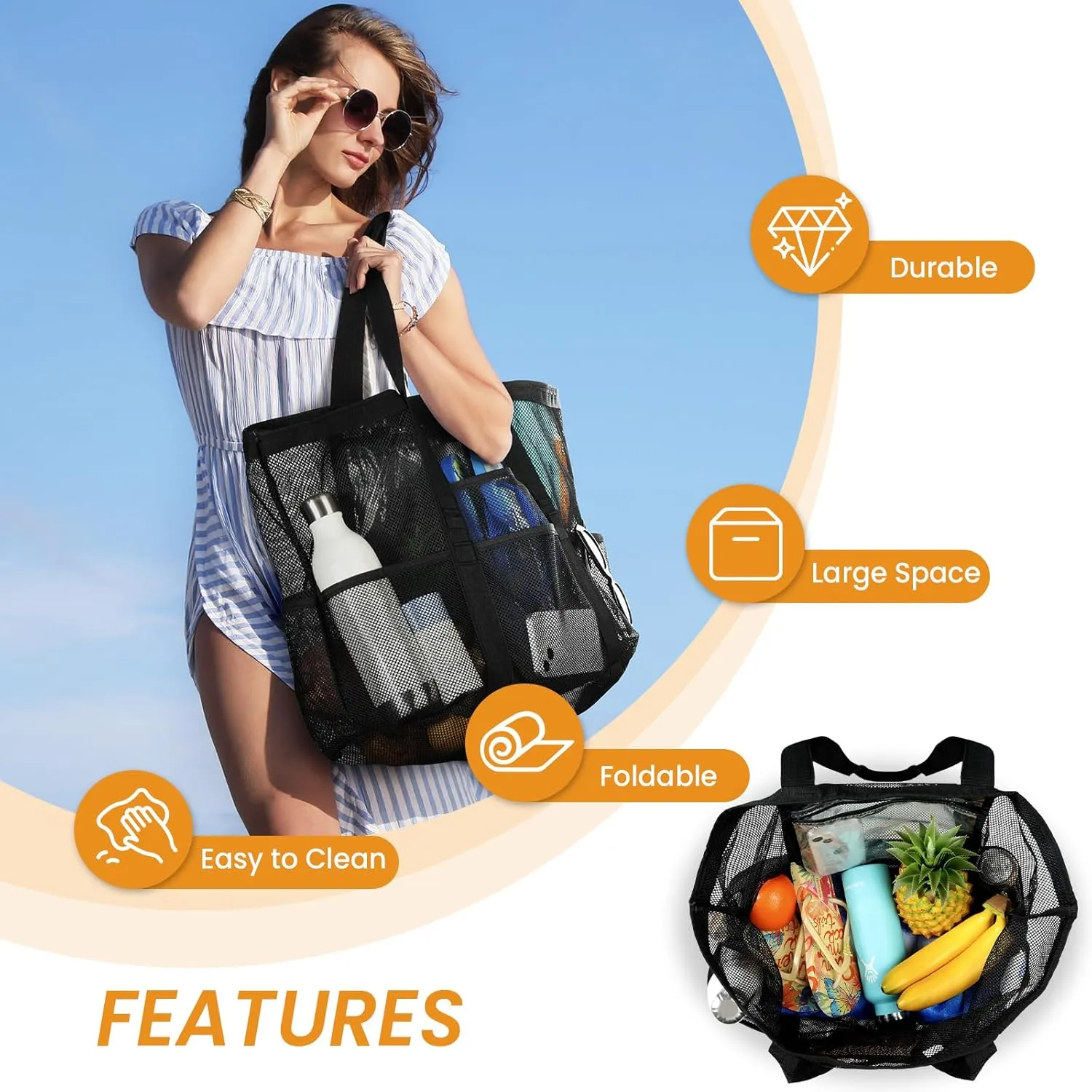 Tavaleu Mesh Beach Bag - Large Beach Tote with Multi Functional Pockets for Family Travel/Vacation