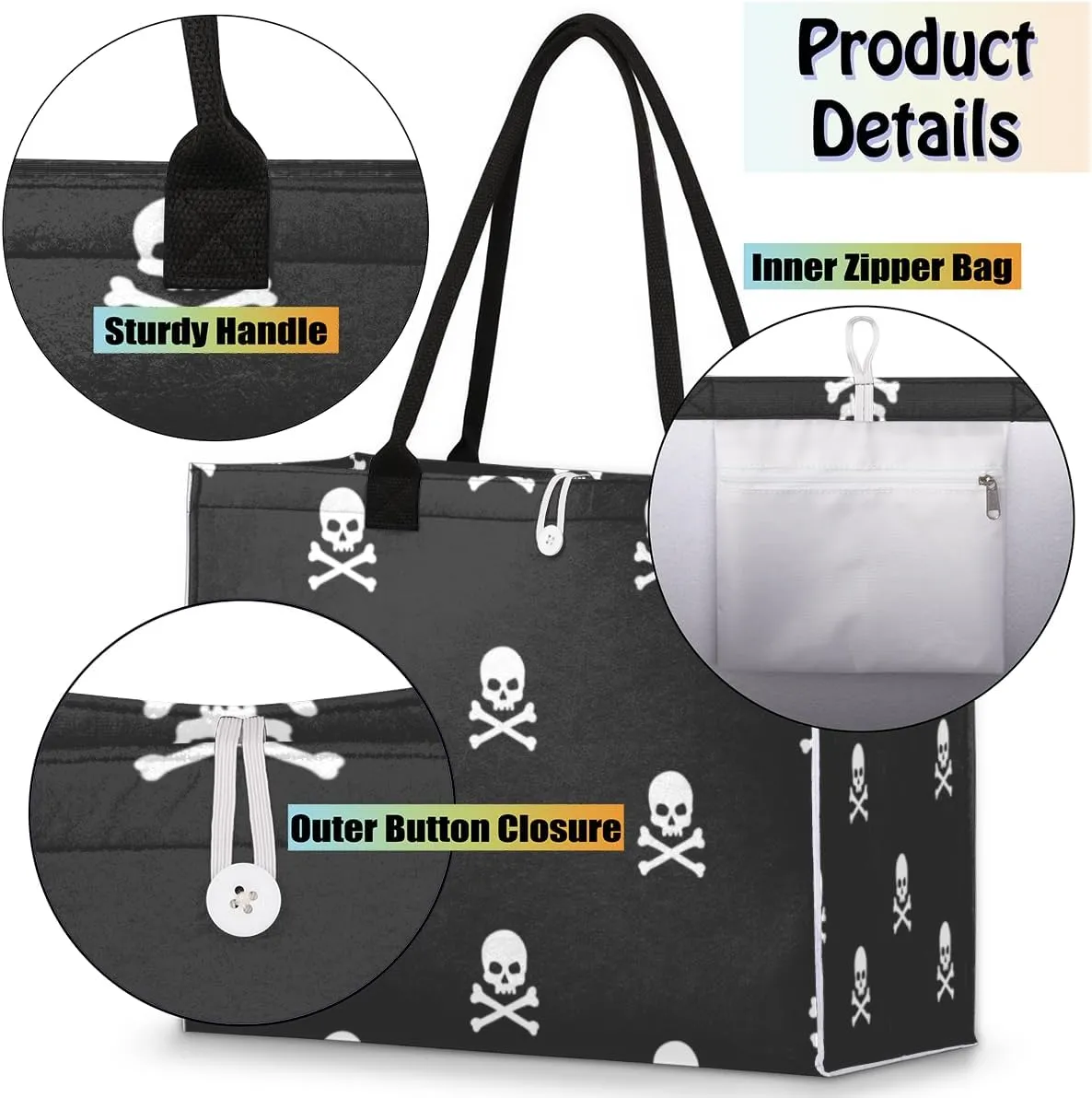Tavisto White Black Skull Cute Tote Bag with Pockets - Versatile and Spacious Tote Bag for Women