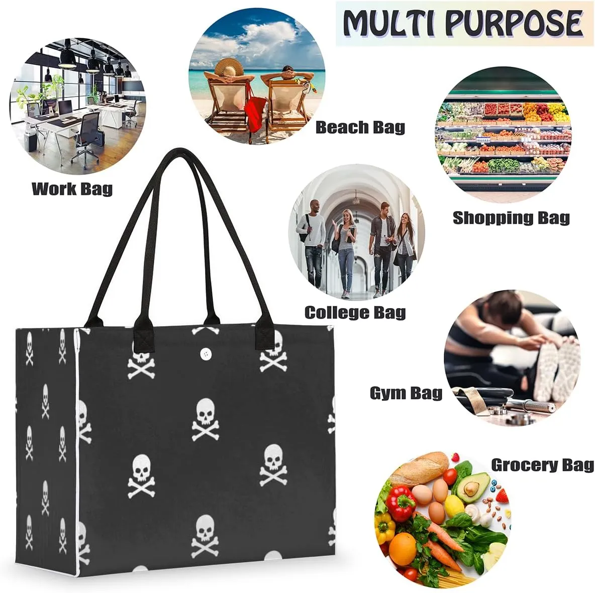 Tavisto White Black Skull Cute Tote Bag with Pockets - Versatile and Spacious Tote Bag for Women