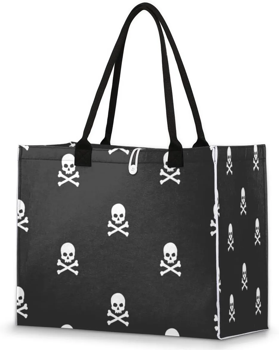 Tavisto White Black Skull Cute Tote Bag with Pockets - Versatile and Spacious Tote Bag for Women