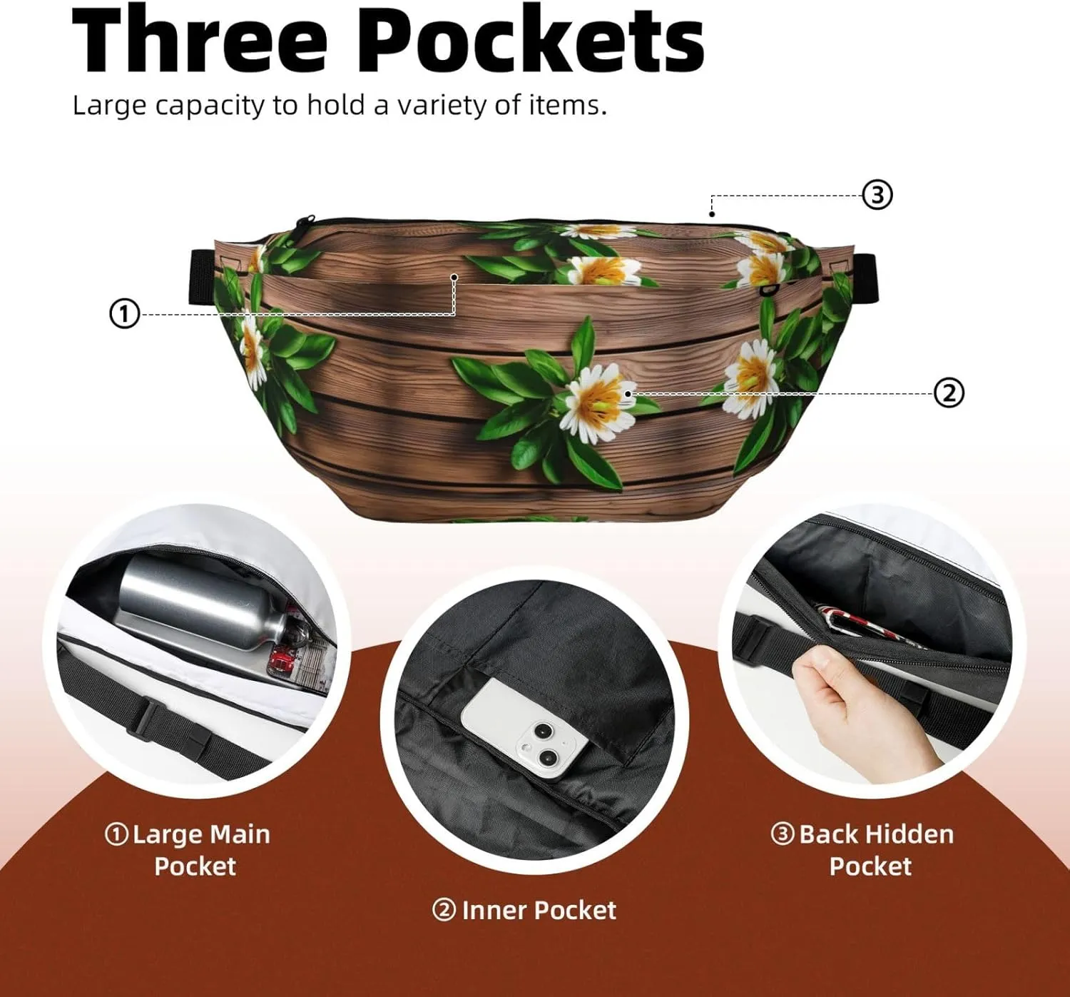 Teal Flower on Plank Fanny Pack Crossbody Sling Bag â€“ Zipper Pockets for Travel, Hiking, Cycling, Workouts, and Everyday Use