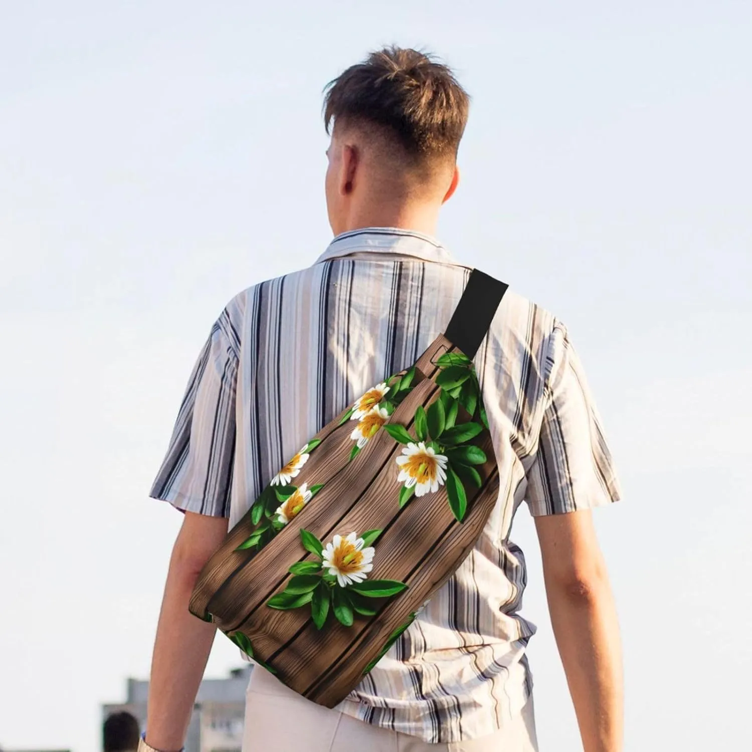 Teal Flower on Plank Fanny Pack Crossbody Sling Bag â€“ Zipper Pockets for Travel, Hiking, Cycling, Workouts, and Everyday Use