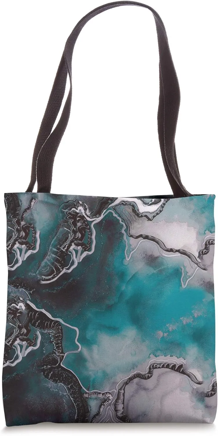 Teal Sea Water Black White Coastline-Marble Tote Bag