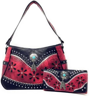 Texas West Western Tooled Leather Laser Cut Concealed Carry Feather Country Shoulder Handbag Wallet in 4 colors