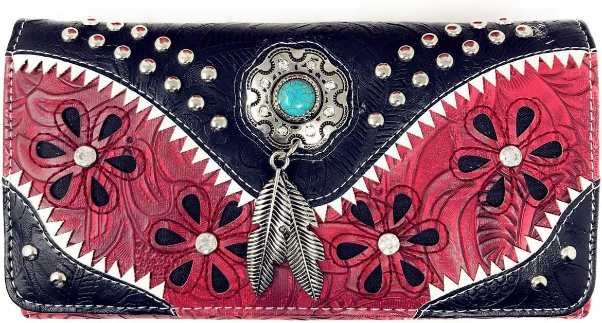 Texas West Western Tooled Leather Laser Cut Concealed Carry Feather Country Shoulder Handbag Wallet in 4 colors