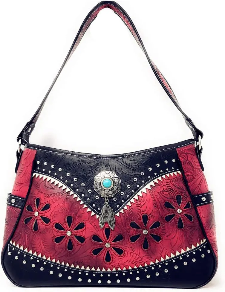 Texas West Western Tooled Leather Laser Cut Concealed Carry Feather Country Shoulder Handbag Wallet in 4 colors