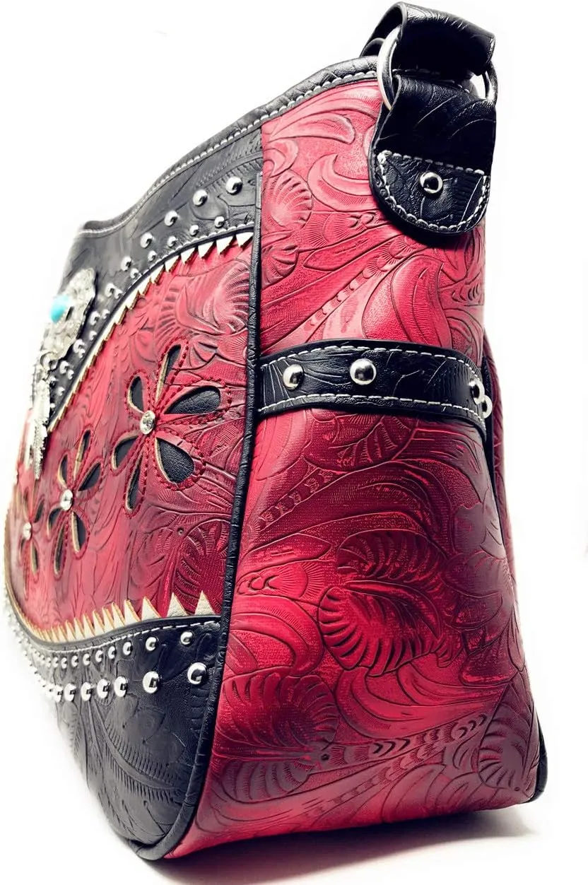 Texas West Western Tooled Leather Laser Cut Concealed Carry Feather Country Shoulder Handbag Wallet in 4 colors
