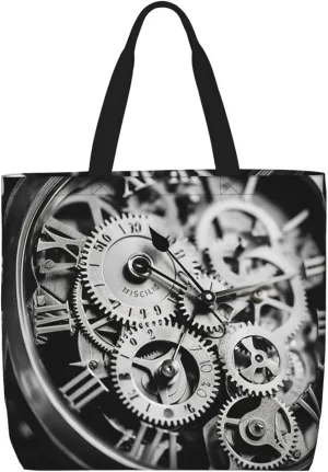 The Clocks Theme Gears print Large capacity zipper shoulder convenience bag tote bag Gift travel shopping bag