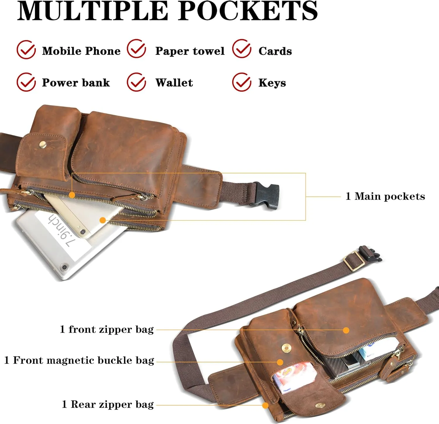 Thick Crazy Horse Leather Hiking Riding Travel Outdoor Belt Bag Fanny Waist Pack Small Phone Pouch For Men Women 380 (386 Brown)