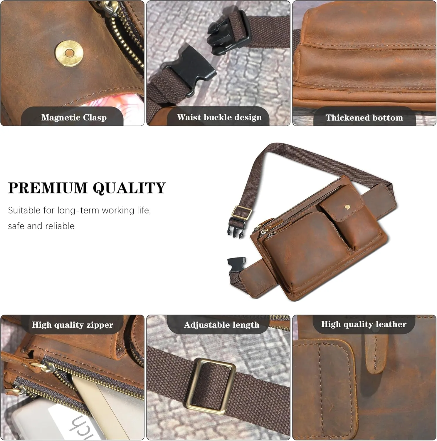 Thick Crazy Horse Leather Hiking Riding Travel Outdoor Belt Bag Fanny Waist Pack Small Phone Pouch For Men Women 380 (386 Brown)