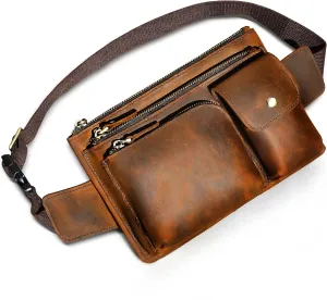 Thick Crazy Horse Leather Hiking Riding Travel Outdoor Belt Bag Fanny Waist Pack Small Phone Pouch For Men Women 380 (386 Brown)