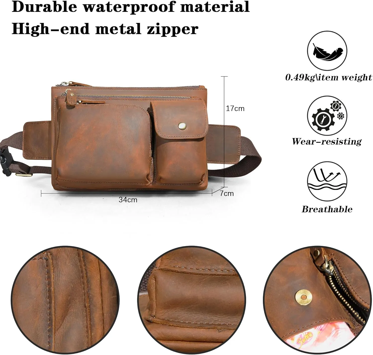 Thick Crazy Horse Leather Hiking Riding Travel Outdoor Belt Bag Fanny Waist Pack Small Phone Pouch For Men Women 380 (386 Brown)