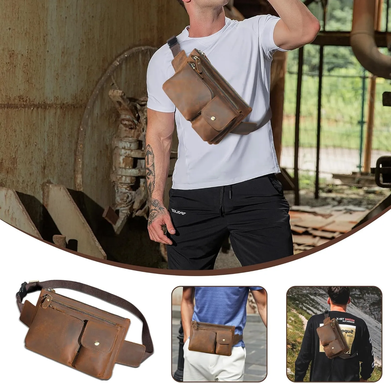 Thick Crazy Horse Leather Hiking Riding Travel Outdoor Belt Bag Fanny Waist Pack Small Phone Pouch For Men Women 380 (386 Brown)