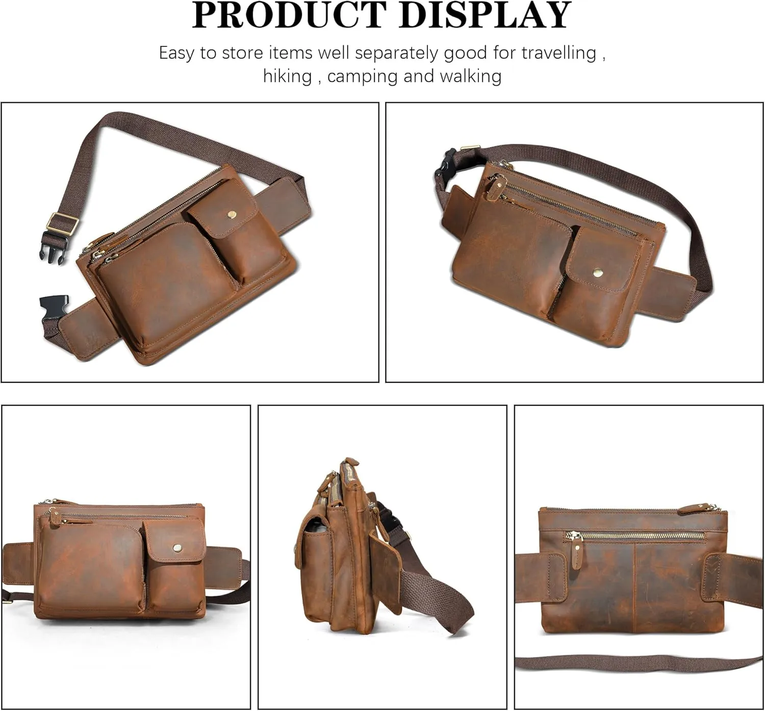 Thick Crazy Horse Leather Hiking Riding Travel Outdoor Belt Bag Fanny Waist Pack Small Phone Pouch For Men Women 380 (386 Brown)
