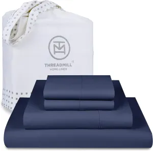 Threadmill American Supima King Size Cotton Sheets, 1000 Thread Count, 4 Piece Luxury Bed Sheets for King Mattress, 5 Star Hotel Quality Sheets with Elasticized Extra Deep Pocket, Folkstone Blue