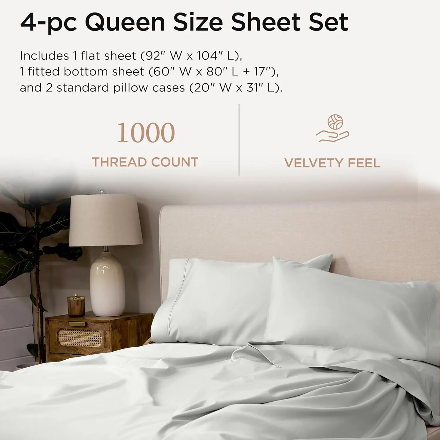 Threadmill Luxury Supima Cotton Sheets, Luxury 1000 Thread Count Soft 100% Cotton Sheets for Queen Size Bed, 4 Pc Light Grey Bed Sheets Queen Set, 5-Star Hotel Quality Deep Pocket Bed Sheets Set